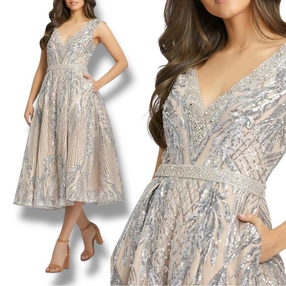 Mac Duggal 4 Nude Silver Cap Sleeve V Neck Midi Gown Art Deco Tea Length 67533 - Picture 1 of 16